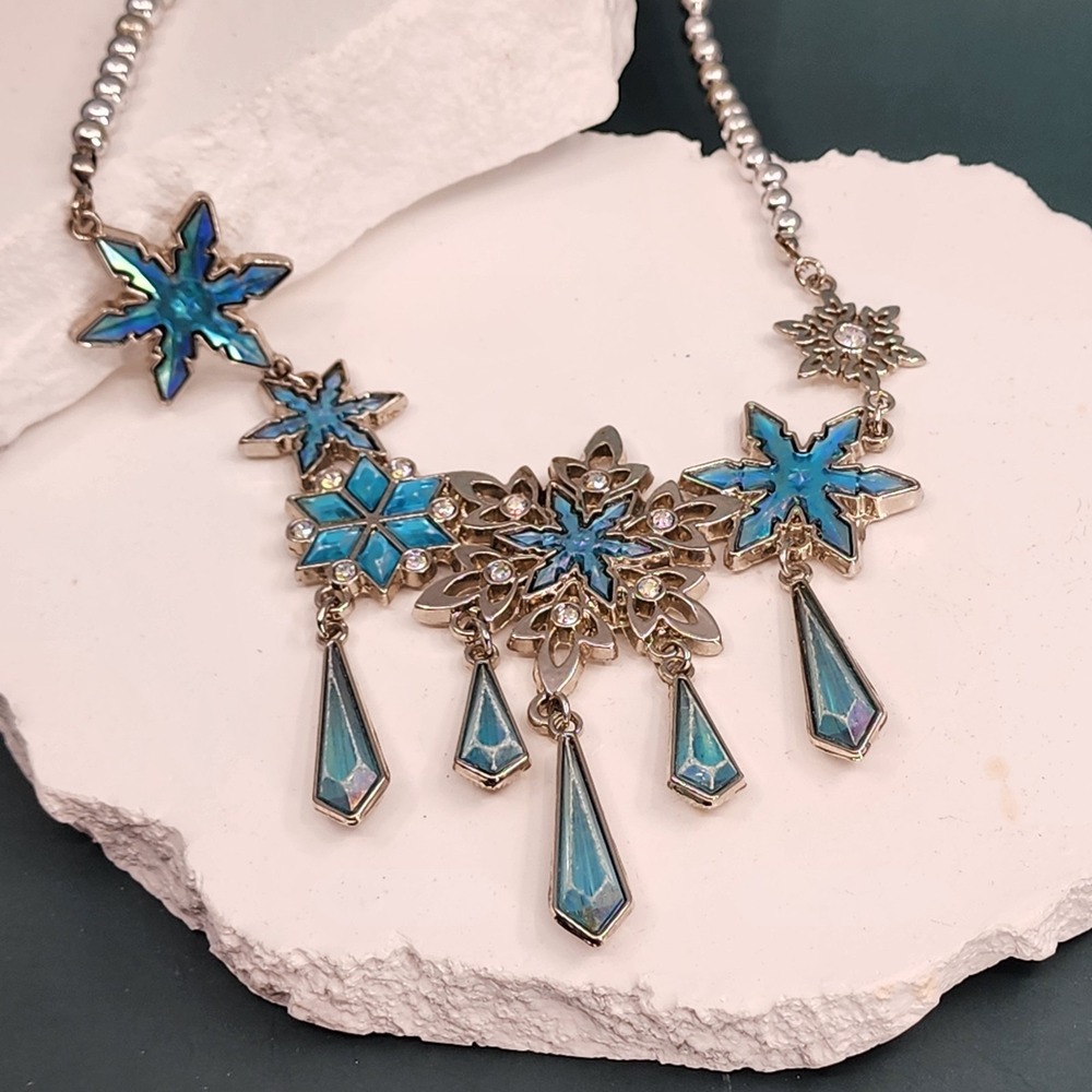 Disney Blue Snowflake Rhinestone Dangle Statement Necklace Silver Tone Winter